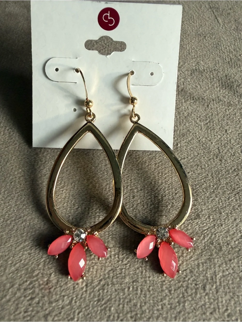 Dress Barn Gold Teardrop Earrings with Coral Pink Marquise Accents